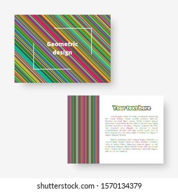 Bright rectangular card with colorful stripes of different widths. Illustration with blue, green, yellow, orange, pink lines.
