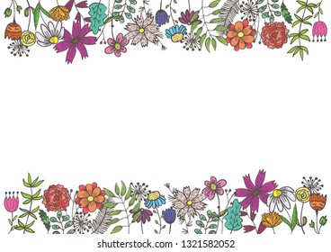 Bright rectangular frame with colorful doodle flowers and leaves and white center. Summer childish floral border for kids birthday greeting cards, banner design, spring children event decoration