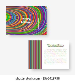 Bright rectangular invitation template with colorful stripes of rainbow colors. Illustration with blue, green, yellow, orange, pink lines.
