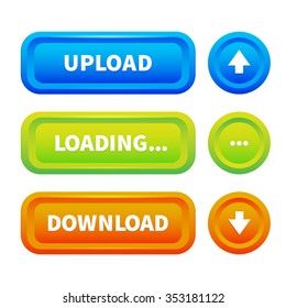 Bright rectangular and round buttons isolated on a white background for downloading and uploading interface