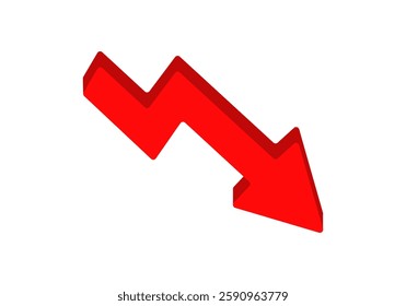 A bright red 3d arrow pointing downwards, symbolizing a decrease or decline, often used in financial contexts.