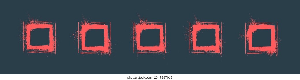 Bright Red Abstract Hand Drawn Rough Grunge Style Square Frames Vector Set Isolated on Background. Handdrawn Art Illustration Grungy Graphical Square Shapes with Splatter and Drips Clipart Bundle