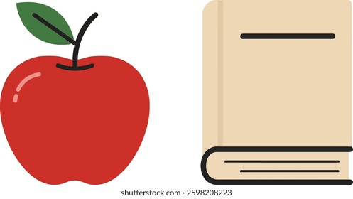 A bright red apple with a green leaf sits next to a beige book, symbolizing the relationship between nutrition and education in a minimalistic style.