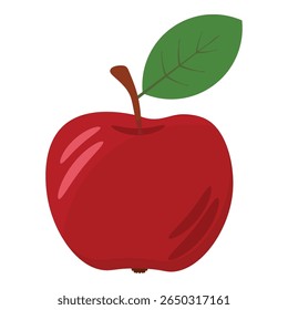 Bright red apple with green leaf isolated on white background. Fresh, juicy fruit in flat vector style perfect for food illustrations, healthy eating designs, and autumn-themed visuals.
