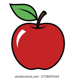 Bright red apple with green leaf and stem, cartoon style illustration