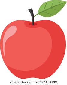 A bright red apple illustration with a smooth surface, a black stem, and a single green leaf, symbolizing freshness, health, and simplicity