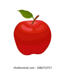 Bright red apple with little green leaf. Natural ingredient for summer fruit salad. Flat vector element for juice packaging
