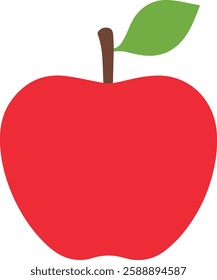 A bright red apple with a single green leaf and brown stem, representing healthy eating, nature