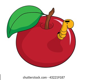A bright red apple with a worm living in it