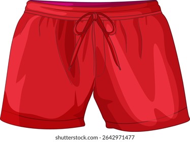 Bright red athletic shorts with drawstring detail, featuring clean lines and vibrant colors in a vector style