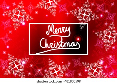 Bright red background for a Christmas card with a handwritten inscription Merry Christmas. Snowflakes. Vector illustration. For the design, printing, greeting materials.