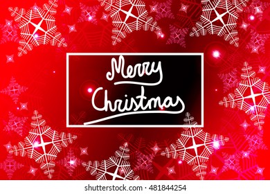 Bright red background for a Christmas card with a handwritten inscription Merry Christmas. Snowflakes. Vector illustration. For the design, printing, greeting materials.