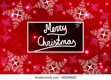 Bright red background for a Christmas card with a handwritten inscription Merry Christmas. Snowflakes. Vector illustration. For the design, printing, greeting materials.
