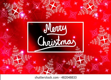 Bright red background for a Christmas card with a handwritten inscription Merry Christmas. Snowflakes. Vector illustration. For the design, printing, greeting materials.