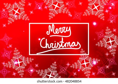 Bright red background for a Christmas card with a handwritten inscription Merry Christmas. Snowflakes. Vector illustration. For the design, printing, greeting materials.