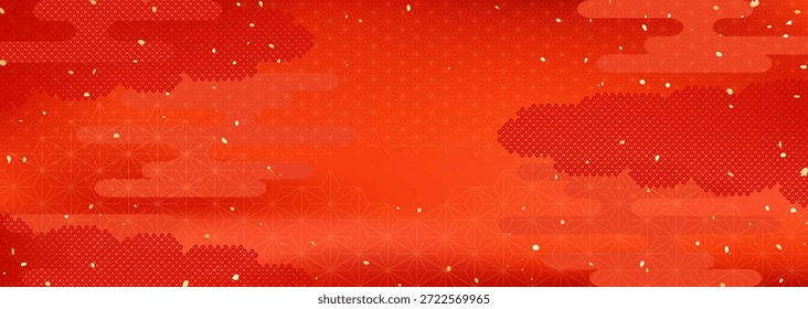 A bright red background illustration that resembles a kimono pattern, combining traditional Japanese patterns