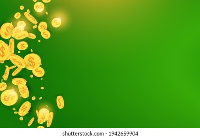 Bright red background with shining golden highlights. Poster for a casino, lottery, sweepstakes or bet. Spinning flying gold coins. Jackpot. Financial success, lucky break.