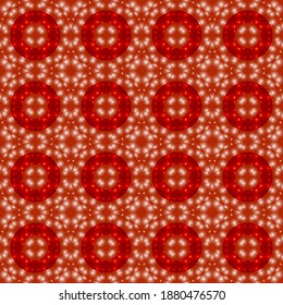 Bright red background with small shining luminous shapes. Circles and small triangles are like in kaleidoscope. Disco, casino or party design. Vector abstract background.
