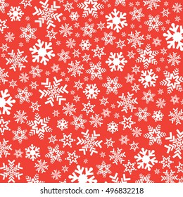 Bright red background with snowflakes. Vector snowfall winter pattern. Snow falling illustration for Christmas design