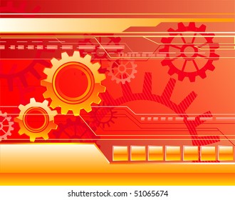 bright red background with stylized shiny gears, decorated with geometric shapes and straight lines.