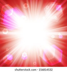 Bright red background with a sun burst with lens flare. Vector illustration. Stock Vector