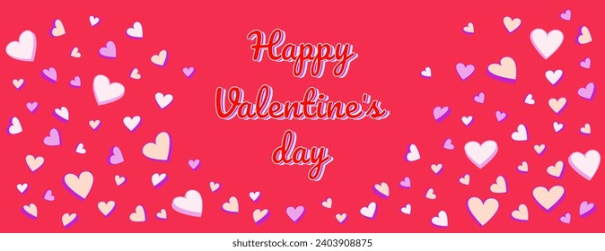 Bright red banner happy Valentines day.  Background with set vector creative cute simple hearts. Horizontal  border with copy space. Suitable for email header, post in social networks, advertising