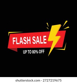 Un Anuncio rojo brillante con texto blanco que dice 'VENTA FLASH' y un rayo amarillo sobre un fondo negro con acentos amarillos, que ofrece hasta un 80% de descuento