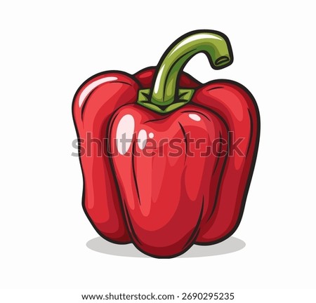 Bright red bell pepper with curved green stem vector icon on white background. For food-related projects, cartoon design with natural curves and glossy texture of the vegetable, providing a fresh look