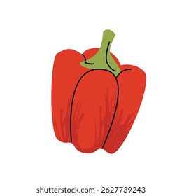 Bright red bell pepper illustration in a bold, flat style with green stem, isolated on white for food, recipe, or farm market design. Vector illustration