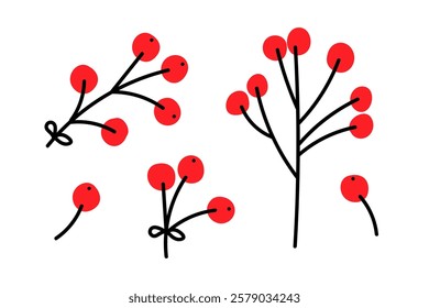 Bright red berries with simple black outlines in a minimalist design on a white background