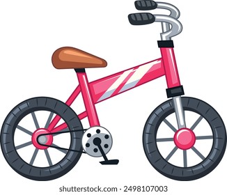 A bright red bicycle with two handlebars, a brown seat, and black wheels. It has a silver chain and pedals. The bicycle is sitting on a white background.