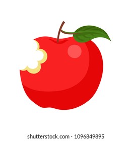 Bright red bitten apple with green leaf. Ripe and tasty fruit. Healthy vegetarian food. Flat vector design for poster or banner