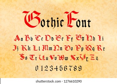 Bright red and black gothic font, set of medieval letters and numbers on old paper