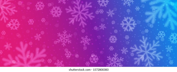 Bright red blue christmas banner with blurred snowflakes. Merry Christmas and Happy New Year greeting banner. Horizontal new year background, headers, posters, cards, website. Vector illustration