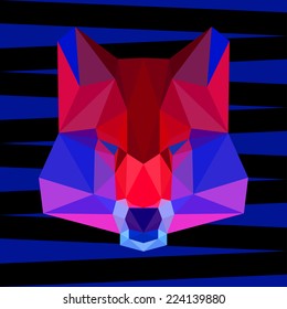 Bright red and blue colored abstract polygonal wolf background