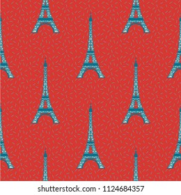 Bright red and blue eiffel tower pattern, seamless vector repeat. Trendy vintage style. Great for wallpapers, fabrics, gift wrapping, greeting cards, backgrounds, scrapbooking etc. 