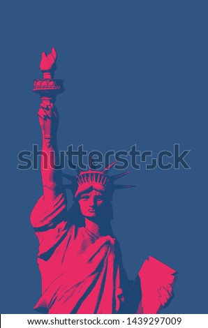 Bright red and blue engraving crosshatch drawing Liberty lady crop on half body isolated on deep blue background in retro style