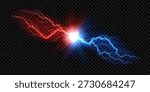 Bright red and blue lightning burst. Powerful dual-energy concept with red and blue lightning bolts and bright energy explosion. Vector illustration with dinamic lightning discharge.