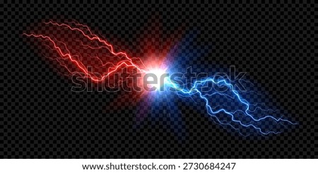 Bright red and blue lightning burst. Powerful dual-energy concept with red and blue lightning bolts and bright energy explosion. Vector illustration with dinamic lightning discharge.