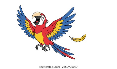 A bright red and blue parrot flying with its wings spread wide with a yellow banana flying behind it