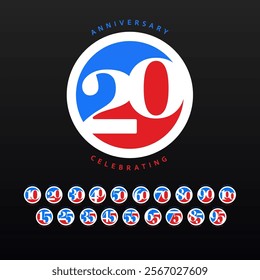 Bright red, blue round anniversary design with numbers from 10 to 100, cut out in negative space of circle for birthday event branding and design materials. Vector illustration