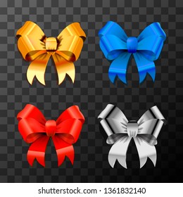 Bright red, blue, silver and gold bow-knots on transparent background