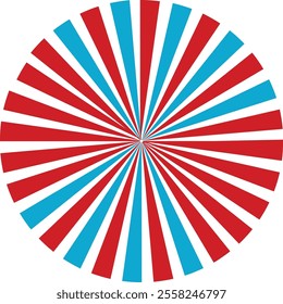 Bright red and blue sunburst design with alternating radial stripes converging at the center. Ideal for retro themes, vibrant backgrounds, promotional materials, or dynamic graphic projects.