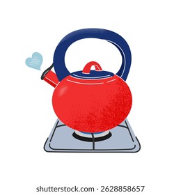 Bright red boiling teakettle on a gas stove. Kitchen appliances. Flat vector illustration. Isolated.
