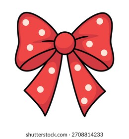 A bright red bow decorated with soft white polka dots, designed in a cute vector style that adds a cheerful and festive touch to holiday decorations or gift packaging.