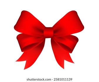 Bright red bow ribbon in realistic 3d style. Element design. Template for emblem or logotype. Vector illustration isolated on white background