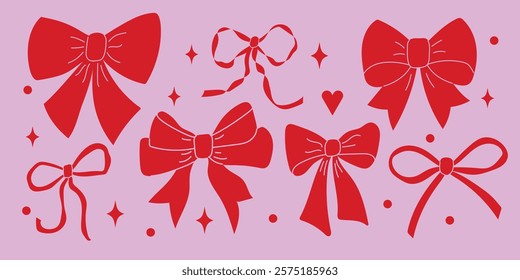 Bright red bows on a pink background for festive decoration and design ideas in various styles and shapes