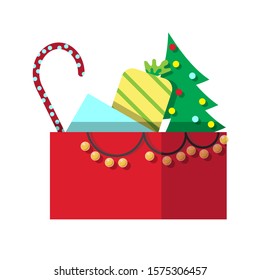Bright red box full of presents and gifts decorated with garland. Modern cartoon flat style. Christmas pine tree with balls decor. New year eve mood concept. Party preparation.