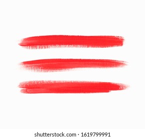 Bright red brush paint texture stripes set isolated vector background. Acrylic stroke  set.
