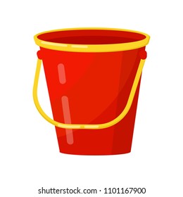 Bright red bucket with yellow handle. Metal or plastic cylindrical container. Flat vector element for poster of household store